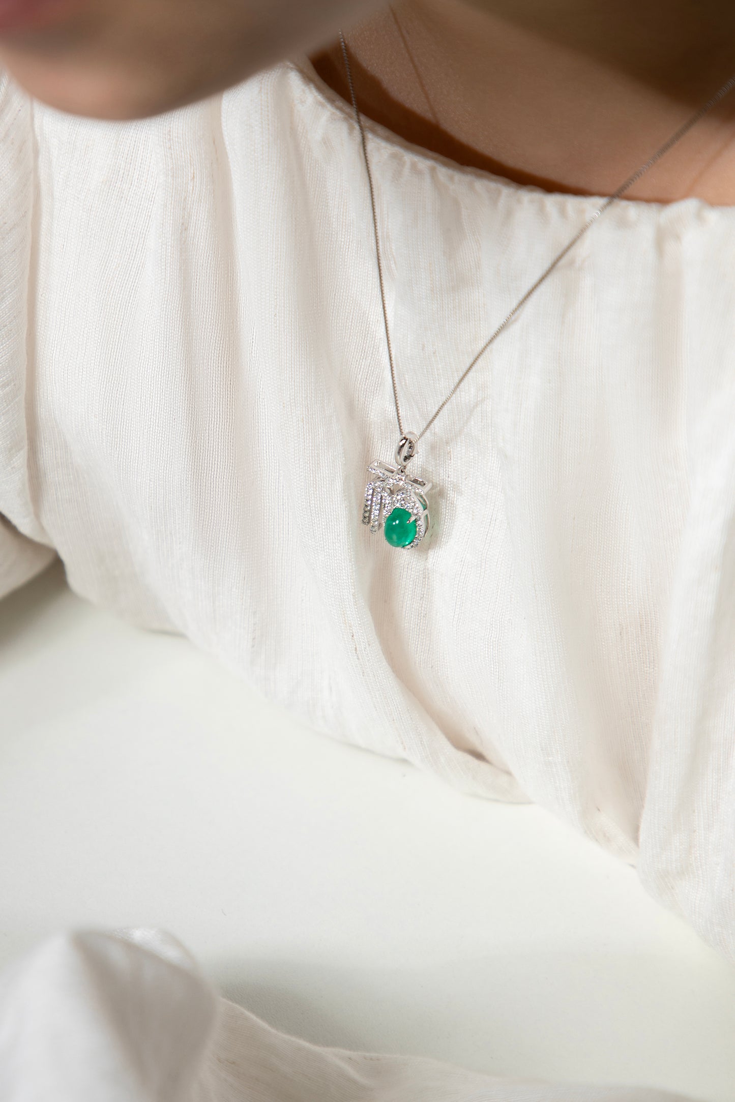18K White Gold Emerald “Blessing & Prosperity” Pendant