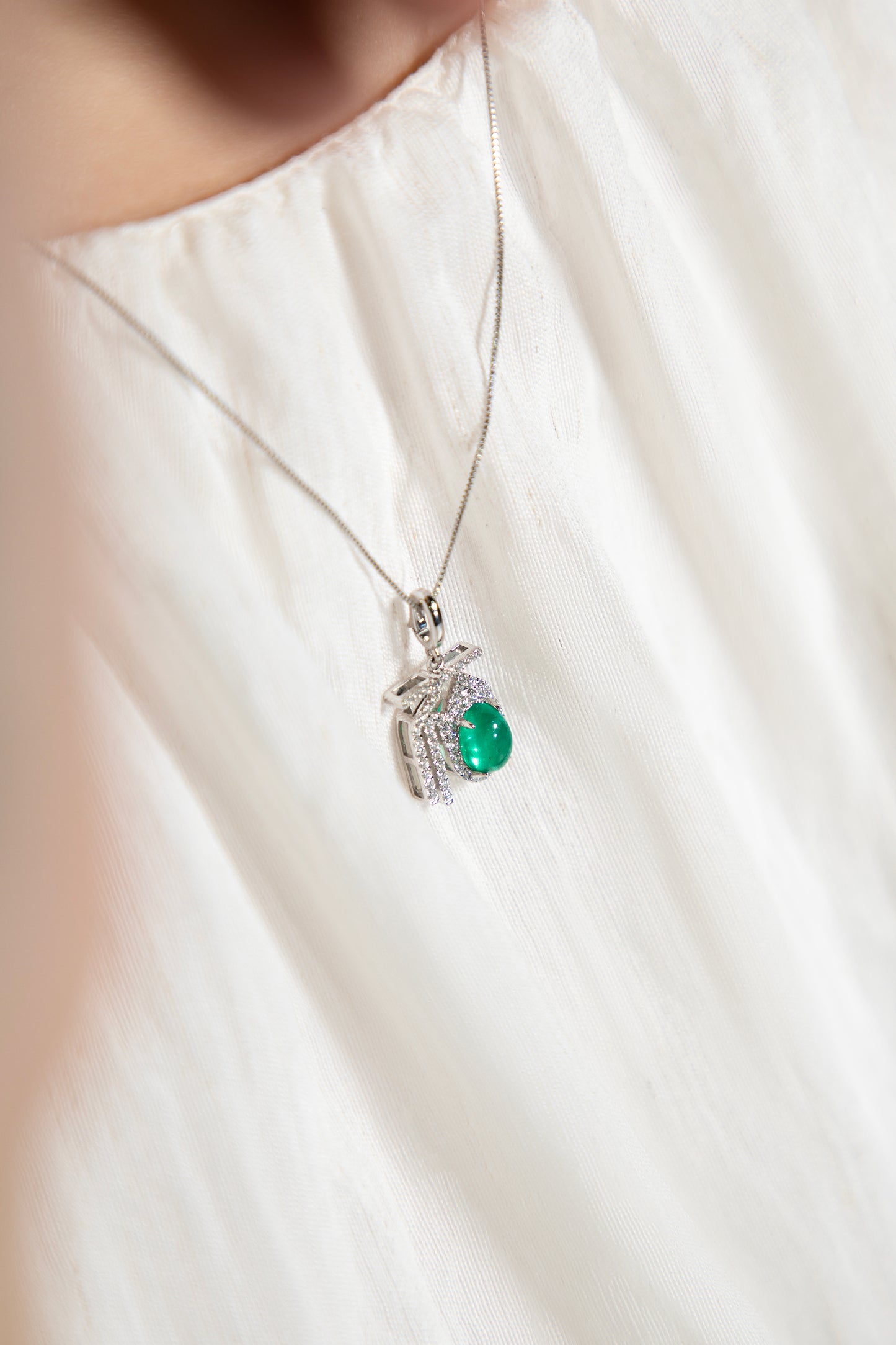 18K White Gold Emerald “Blessing & Prosperity” Pendant
