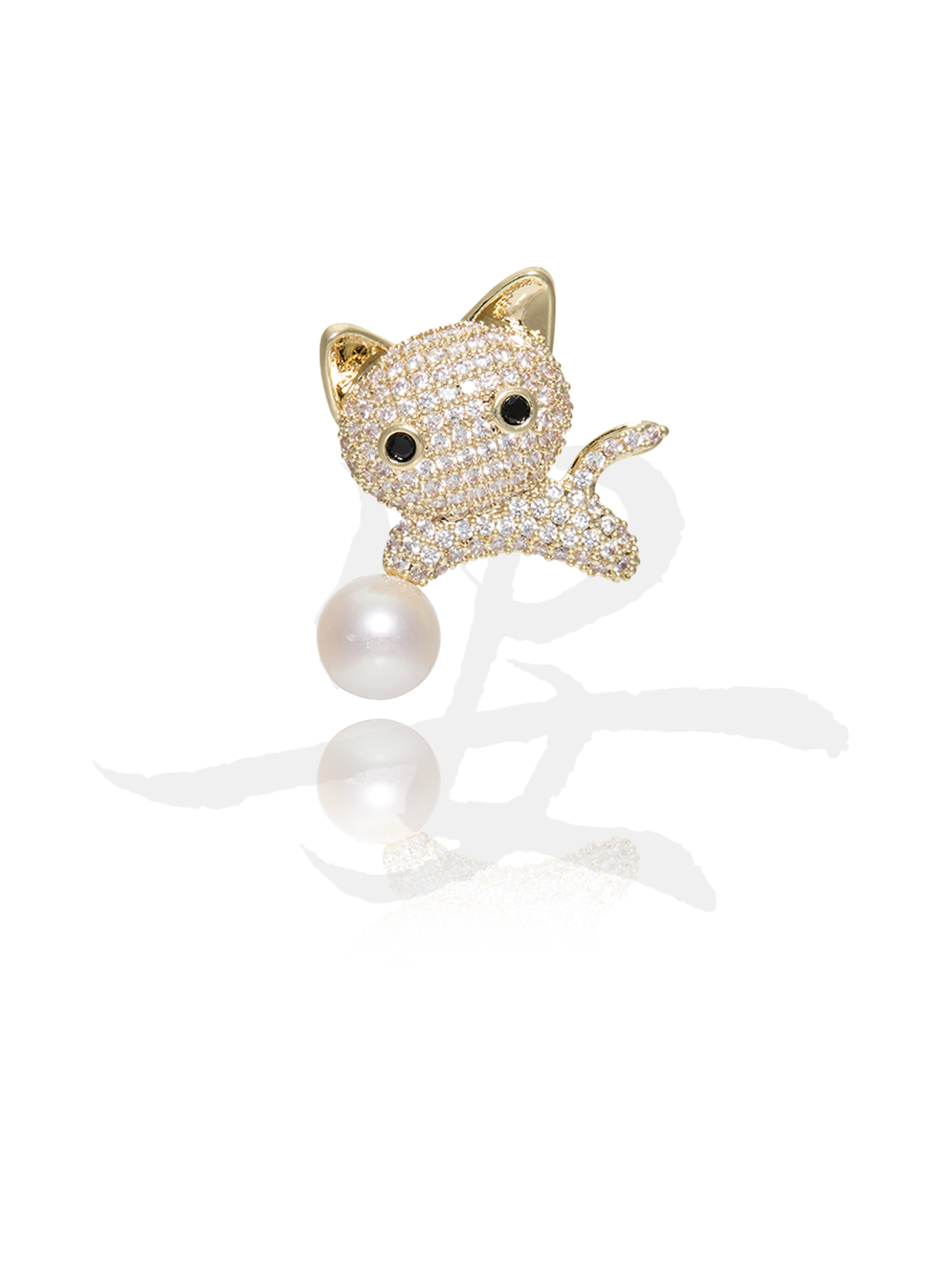 Akoya Pearl & Zircon Cat Brooch